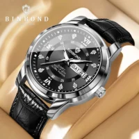 ساعت مچی مردانه BINBOND کلاسیک بند چرمی مشکی با تقویم روز و تاریخ – کوارتز شیک و مجلسی